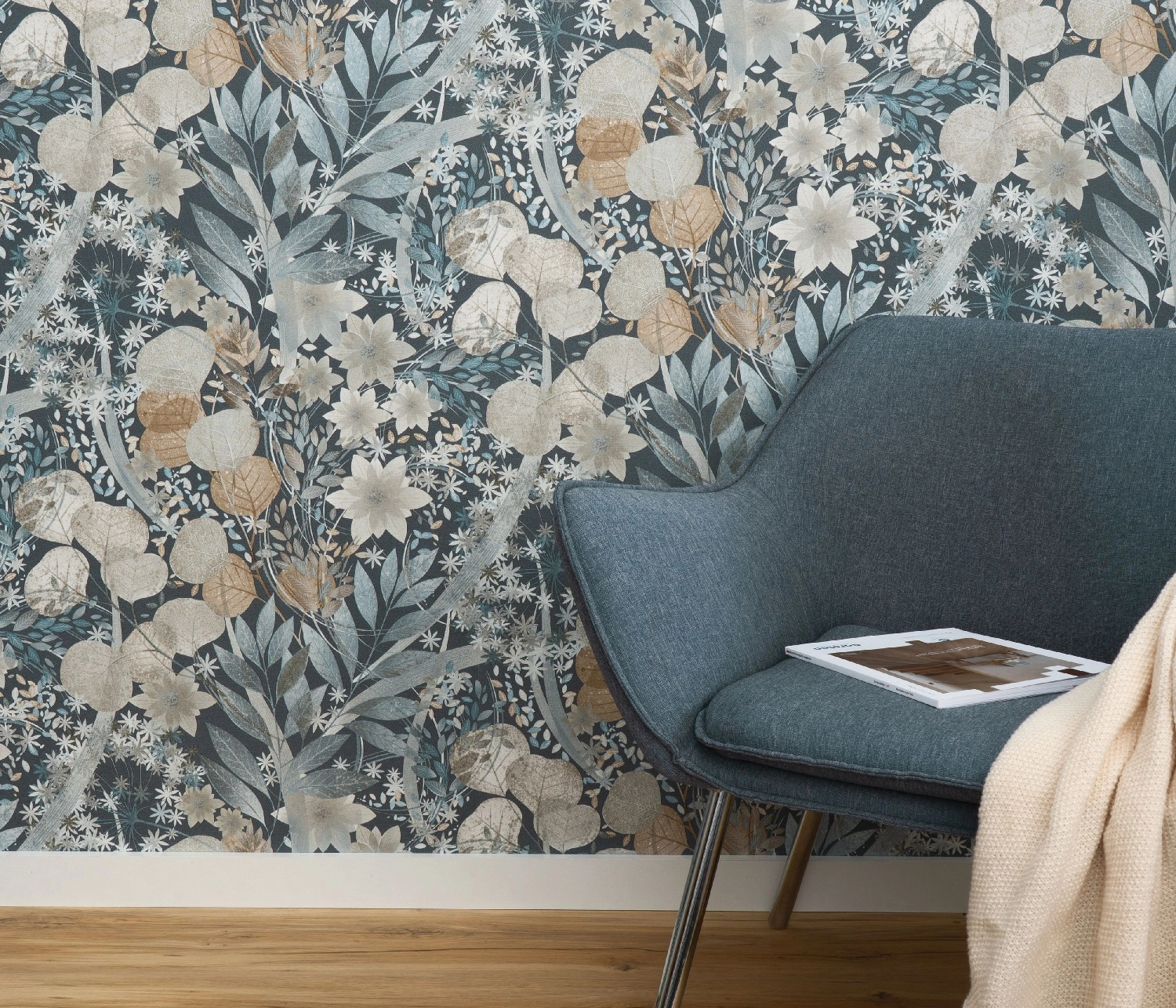 Virág mintás vlies design tapéta szürkéskék színvilágban