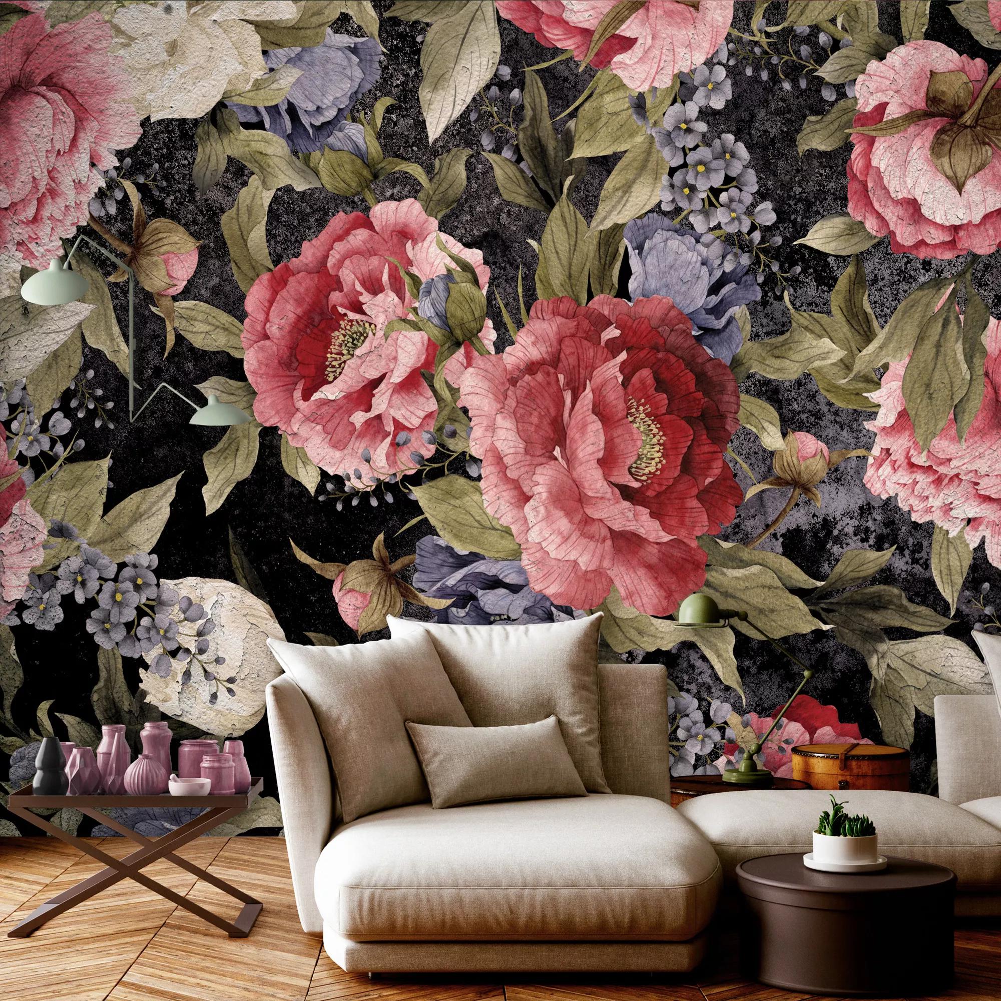 Virágmintás fali poszter élénk színvilágban romantikus hangulatú virágmintával 368x254 vlies