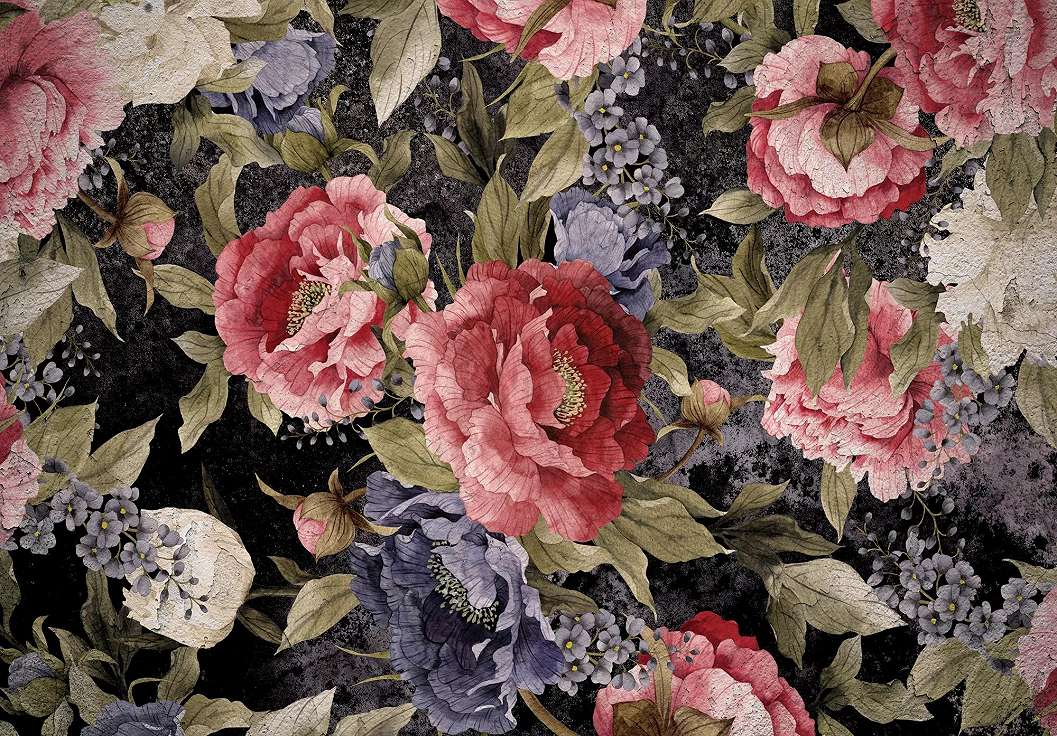 Virágmintás fali poszter élénk színvilágban romantikus hangulatú virágmintával 368x254 vlies