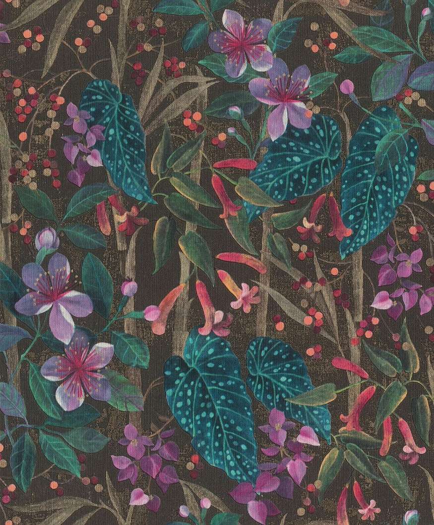 Virágmintás vlies design tapéta fekete lila türkizes színekkel