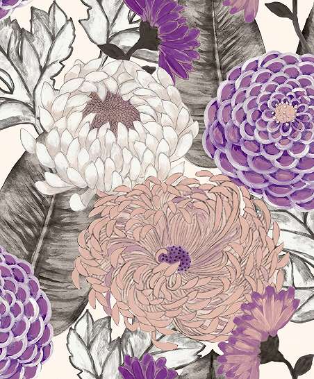 Virágmintás vlies design tapéta szürke lila színekkel nagyléptékű virág mintával