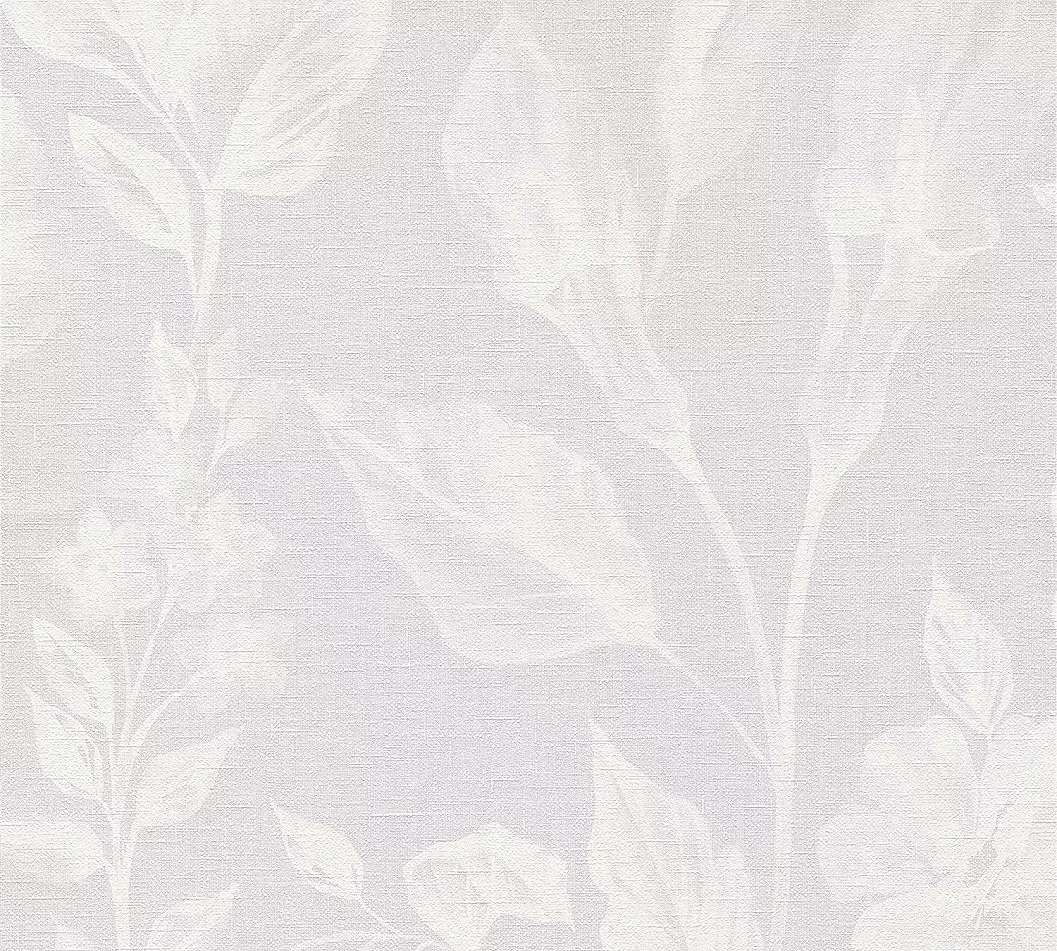 Virágmintás vlies tapéta halvány lila fehér színben textil szőtt hatású alapon