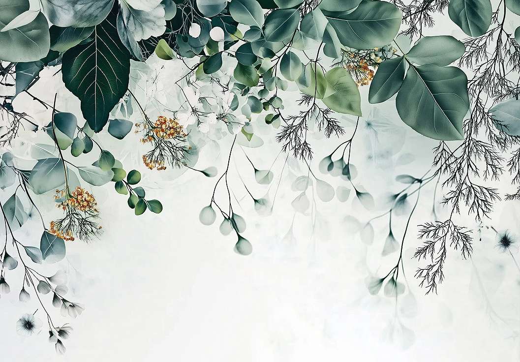 Vlies fotótapéta levél és fehér és sárga virág és termés mintás 368x254 vlies