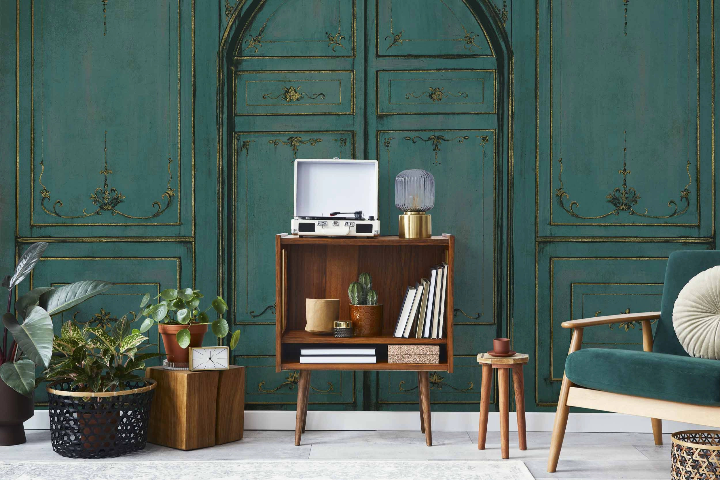 Vlies fotótapéta zöld színű térhatású arany fa berakásos minta apró virágokkal