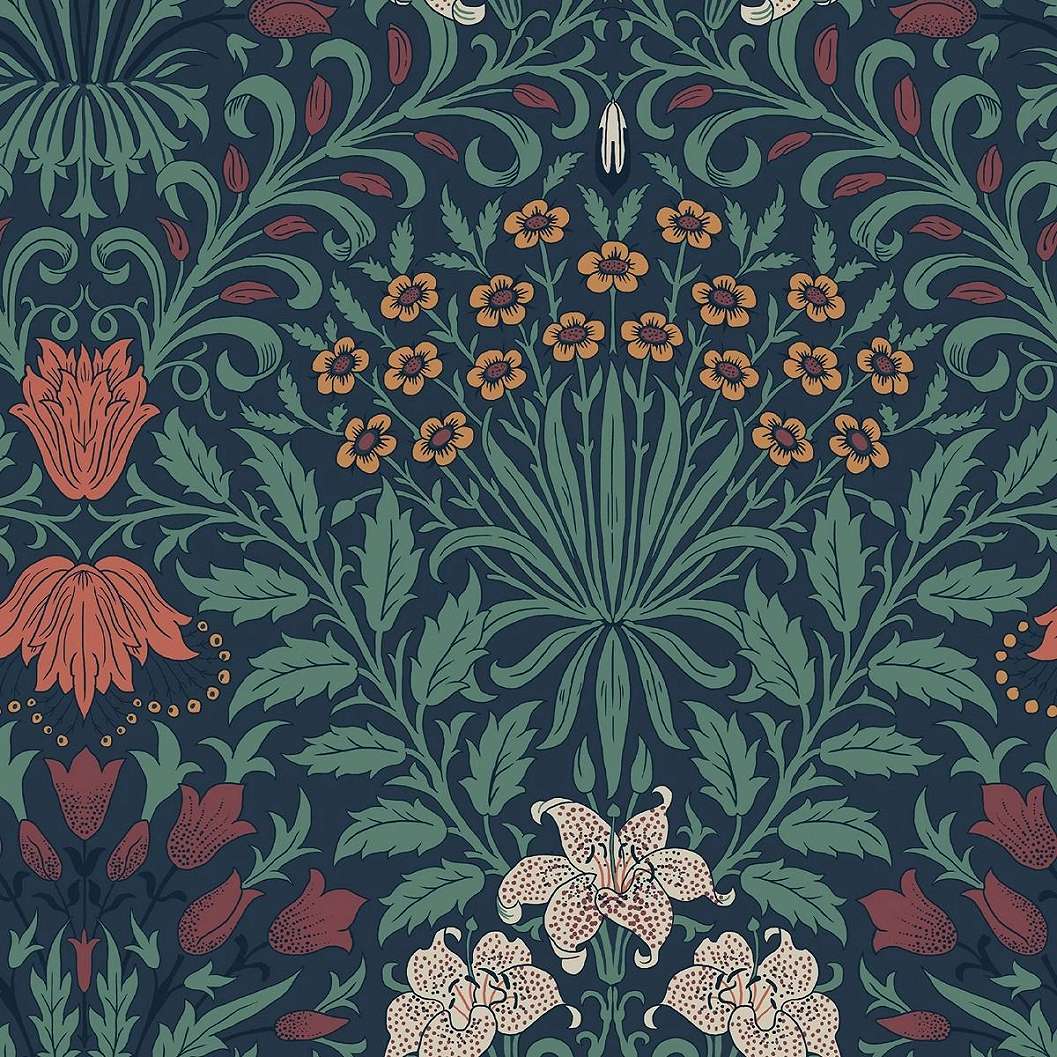 William Morris dekor tapéta éjkék alapon színes virág és levél mintával