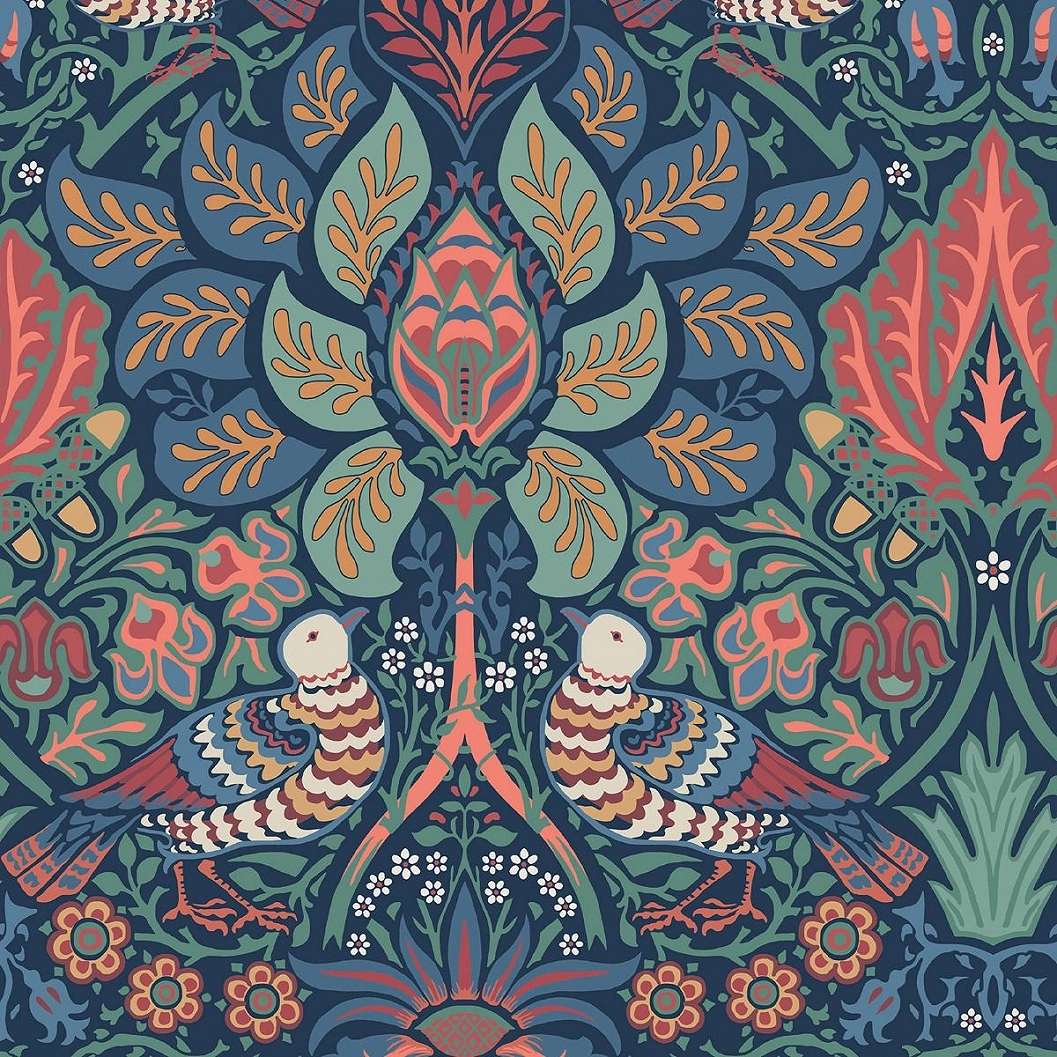 William Morris dekor tapéta éjkék alapon színes virág és madár mintával