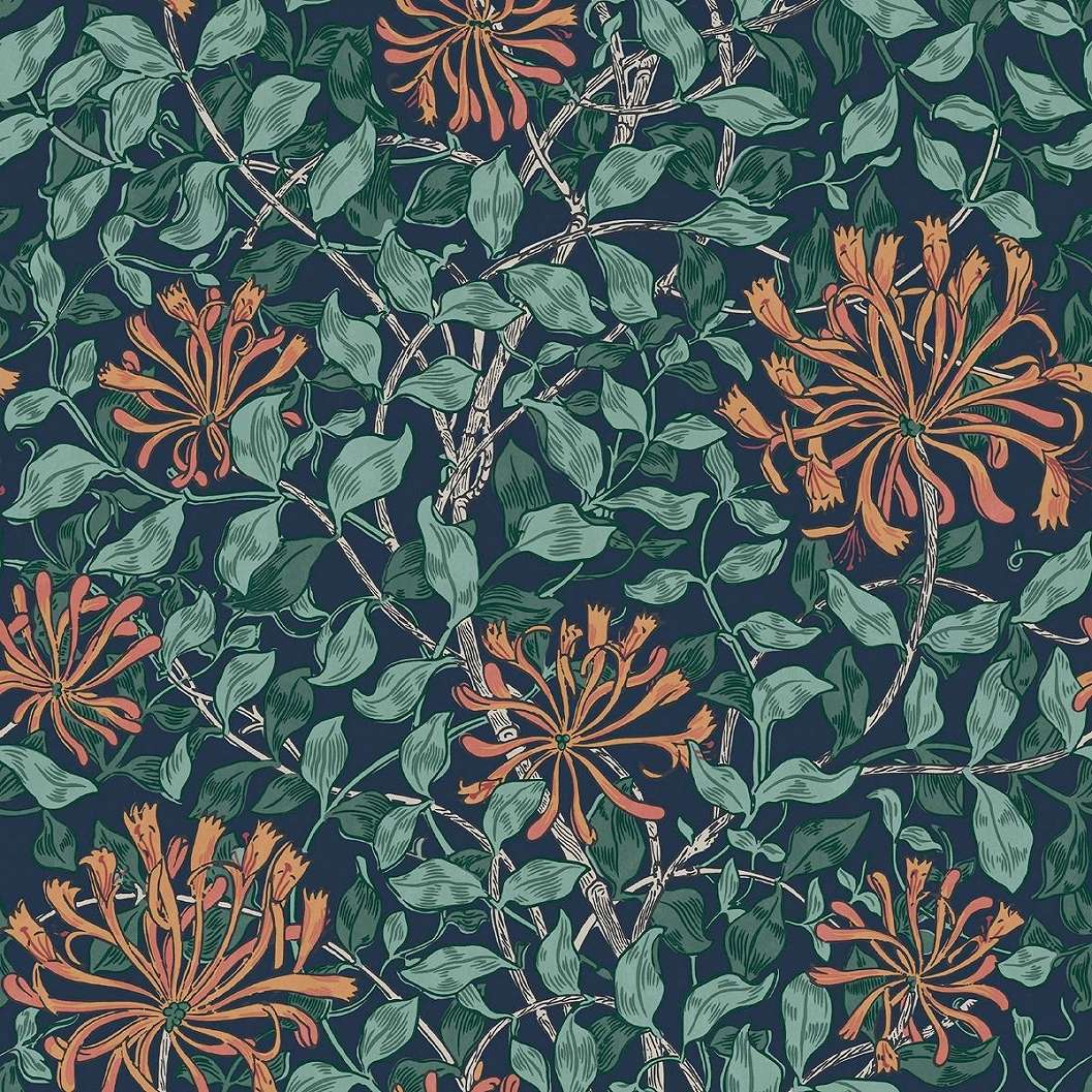 William Morris dekor tapéta éjkék alapon zöld levél narancssárga lonc virág mintával