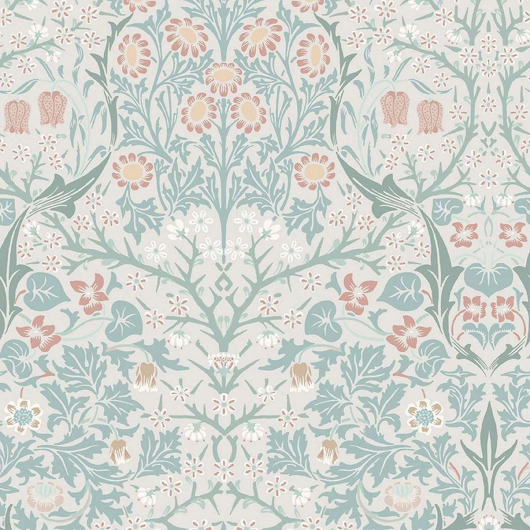 William Morris dekor tapéta kék alapon rózsasízn kökény virág mintával