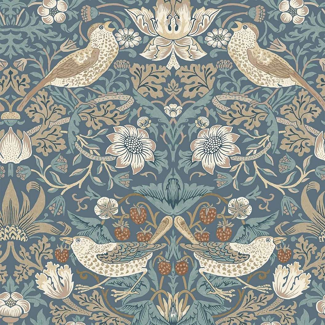 William Morris dekor tapéta kék és barna eper és madár mintával