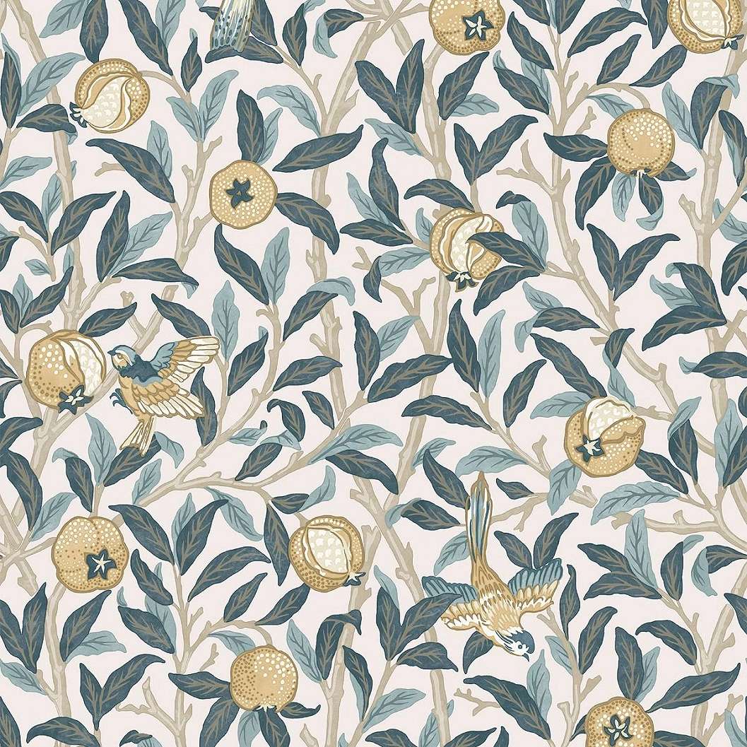 William Morris dekor tapéta kék és beige gránátalma és madár mintával