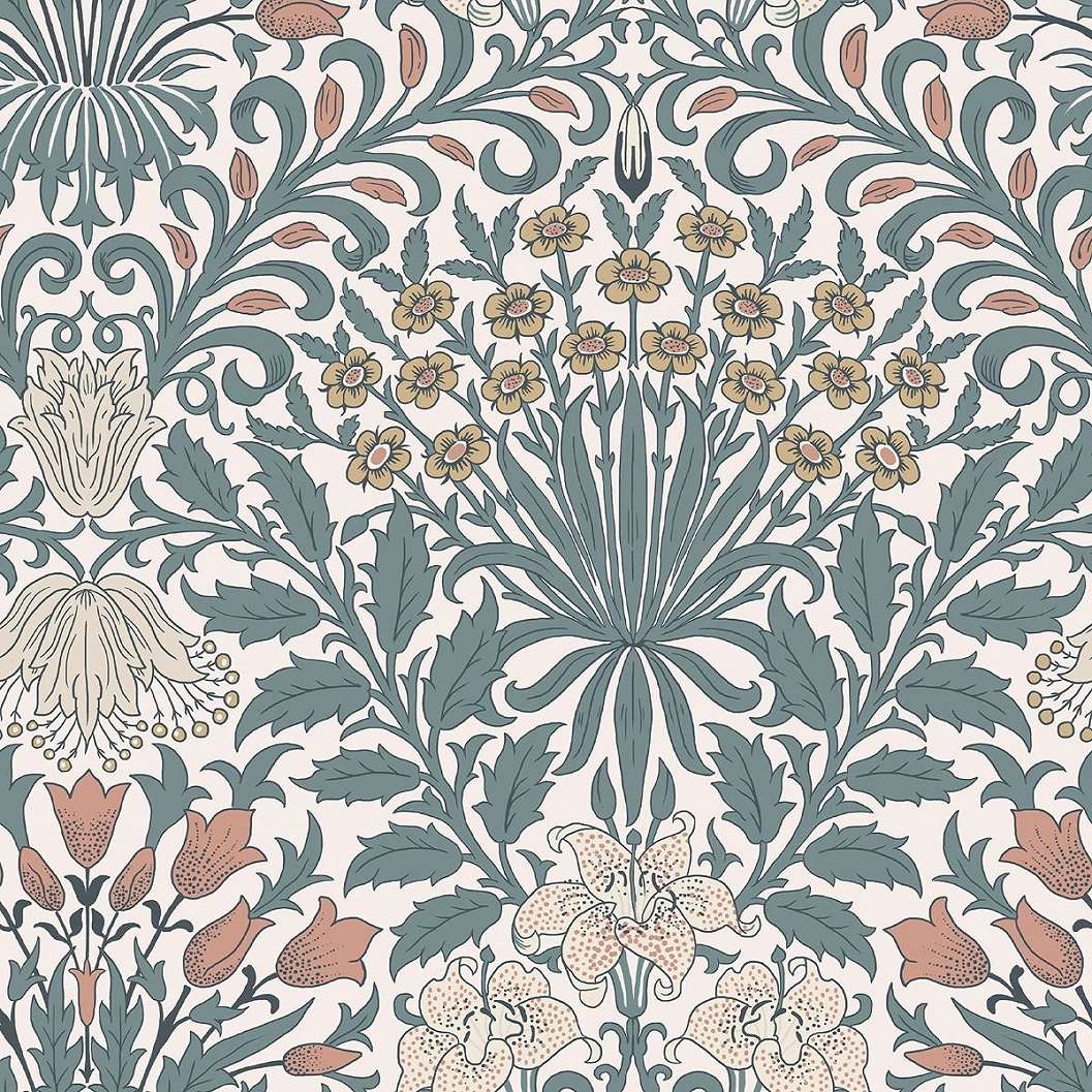 William Morris dekor tapéta kék levél alapon színes virág mintával
