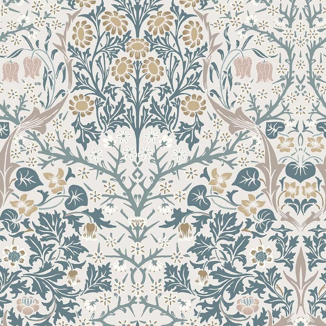 William Morris dekor tapéta kék levél barna kökény virág mintával