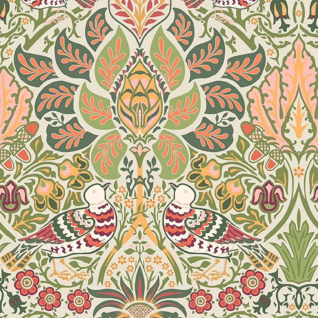 William Morris dekor tapéta olivazöld alapon színes virág és madár mintával