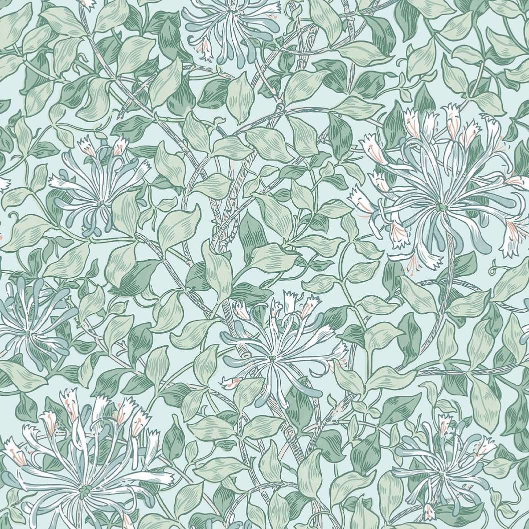 William Morris dekor tapéta pasztel kék alapon zöld levél színes lonc virág mintával