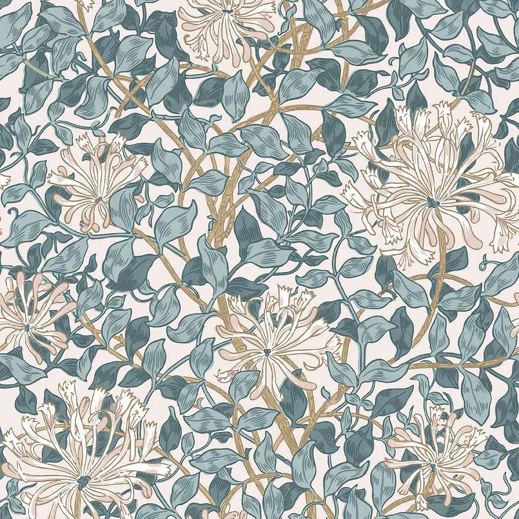 William Morris dekor tapéta pasztel kék levél alapon színes lonc virág mintával