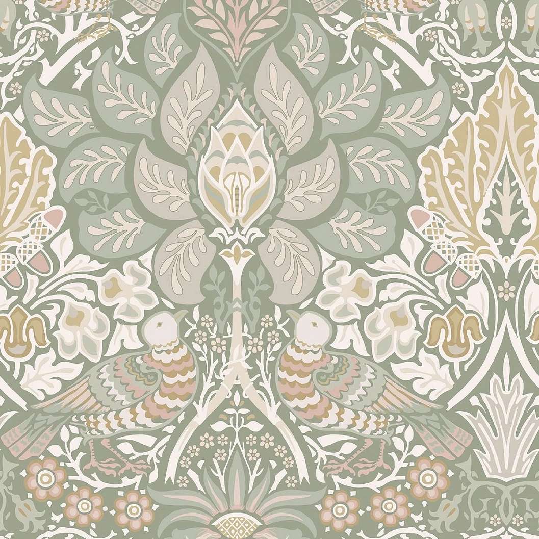 William Morris dekor tapéta pasztel zöld alapon színes virág és madár mintával
