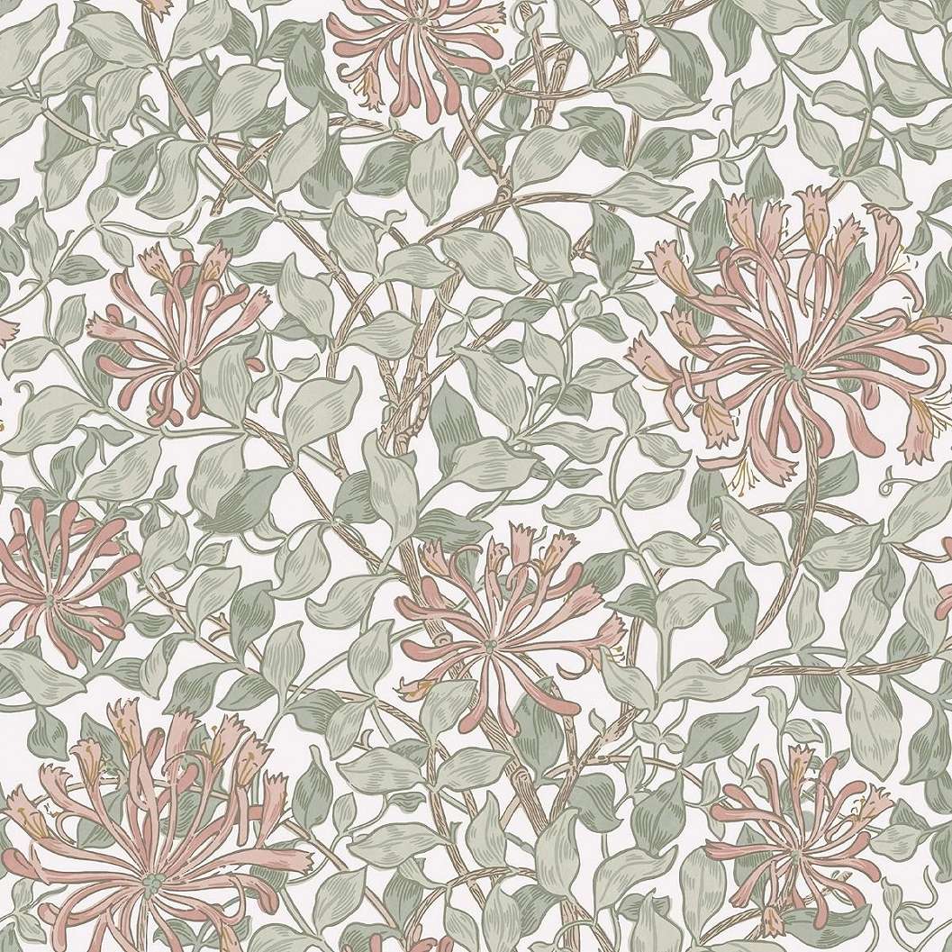 William Morris dekor tapéta pasztel zöld levél alapon színes lonc virág mintával