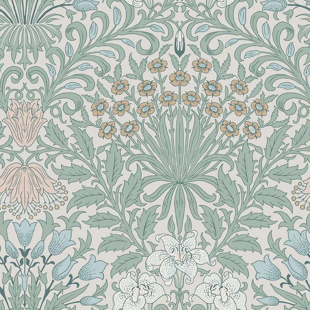 William Morris dekor tapéta pasztel zöld levél alapon színes virág mintával