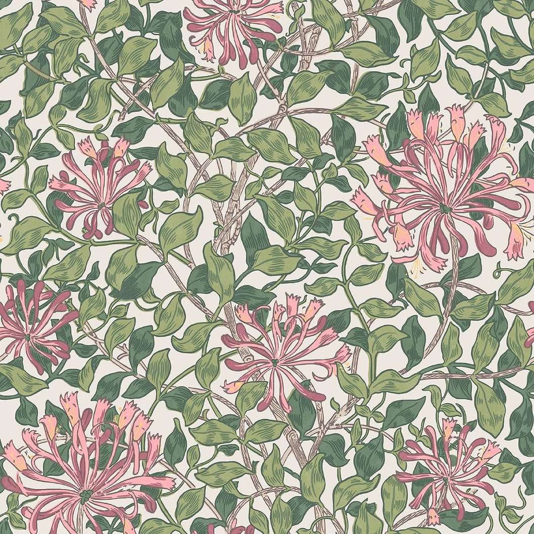 William Morris dekor tapéta pasztel zöld levél rózsaszín lonc virág mintával