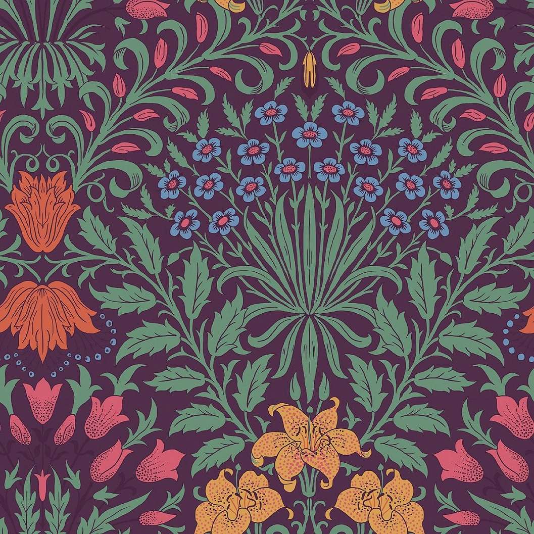 William Morris dekor tapéta püspöklila alapon színes virág és levél mintával
