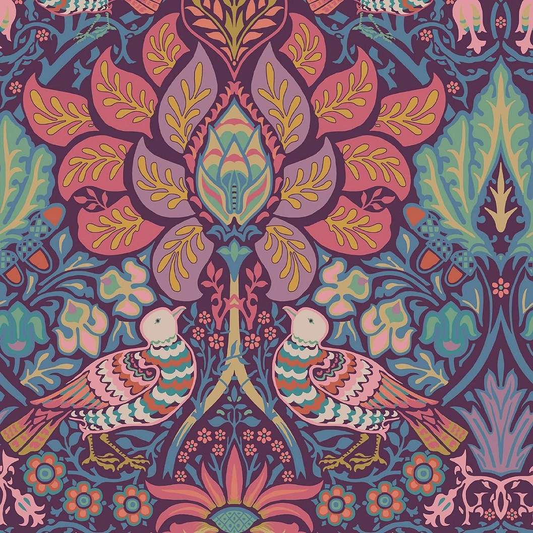 William Morris dekor tapéta püspöklila alapon színes virág és madár mintával