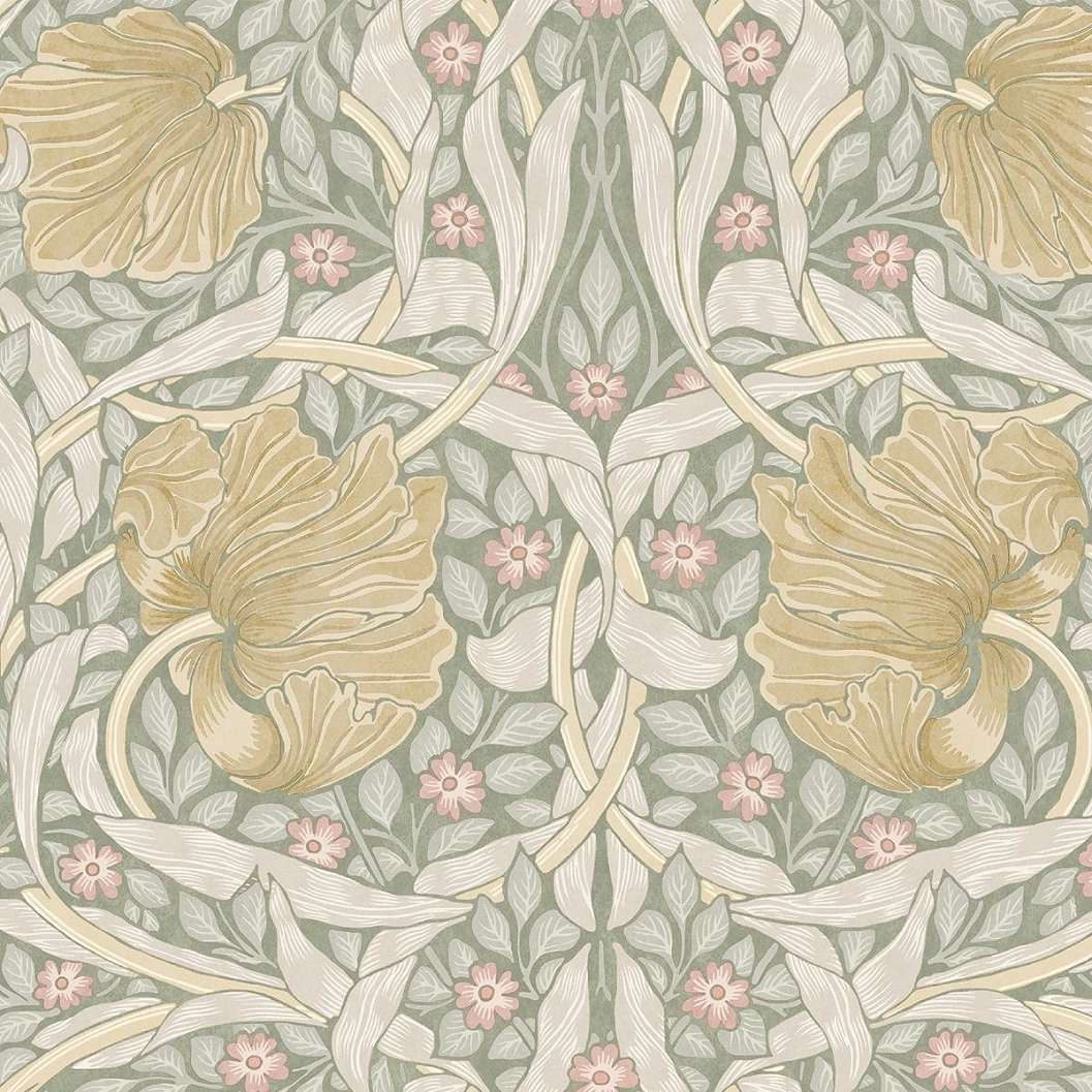 William Morris dekor tapéta zöld alapon sárga virág mintával