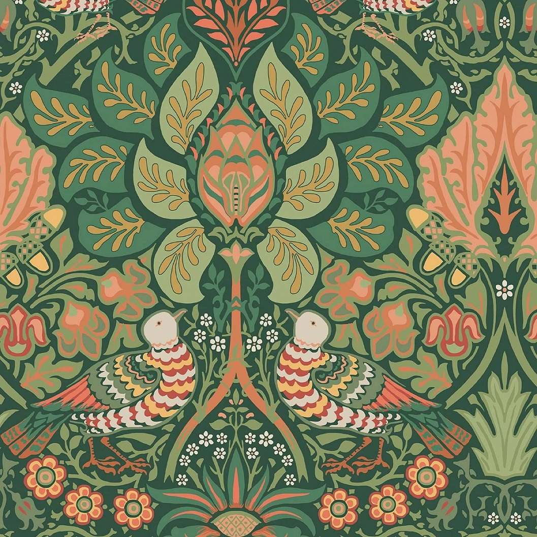 William Morris dekor tapéta zöld alapon színes virág és madár mintával
