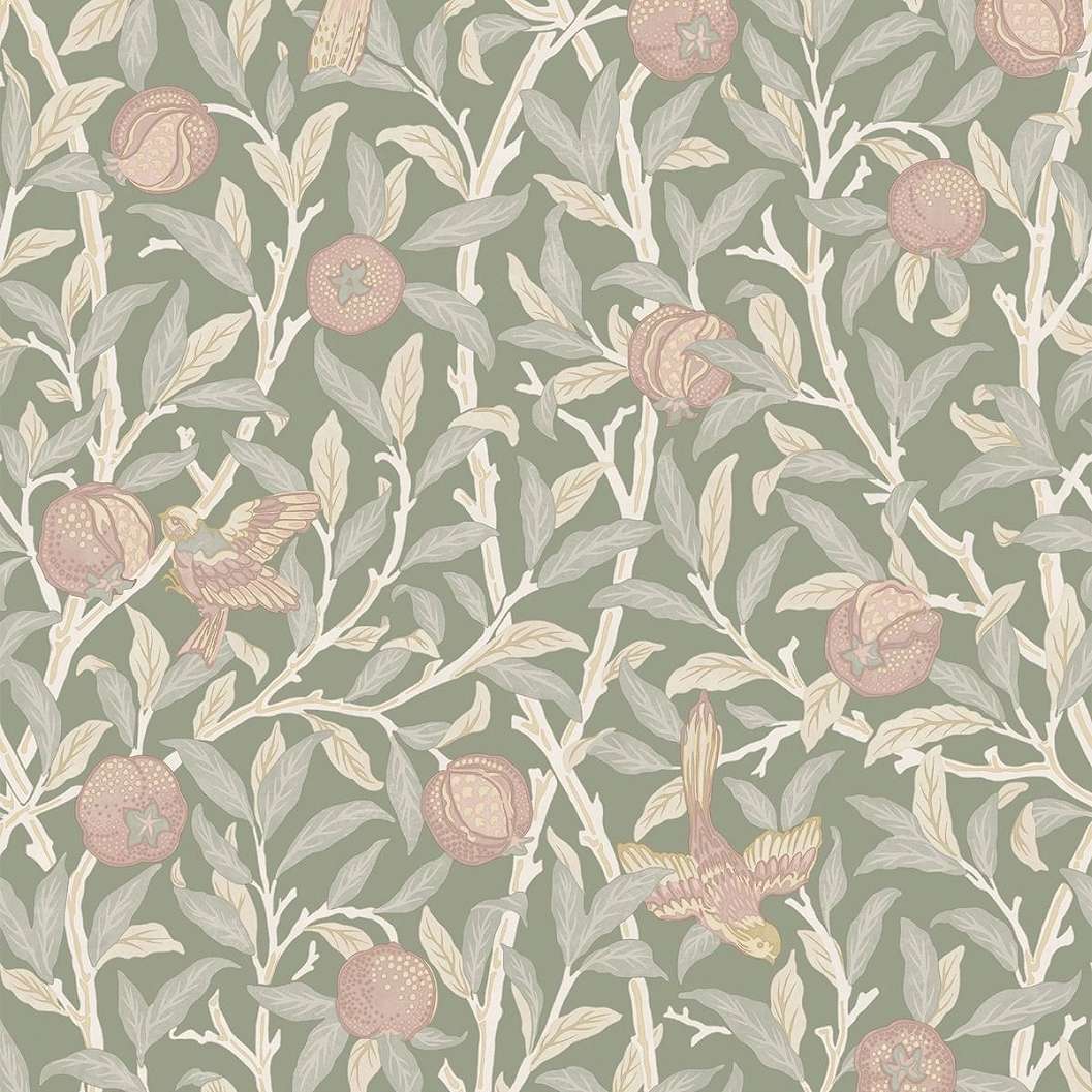 William Morris dekor tapéta zöld és beige gránátalma és madár mintával