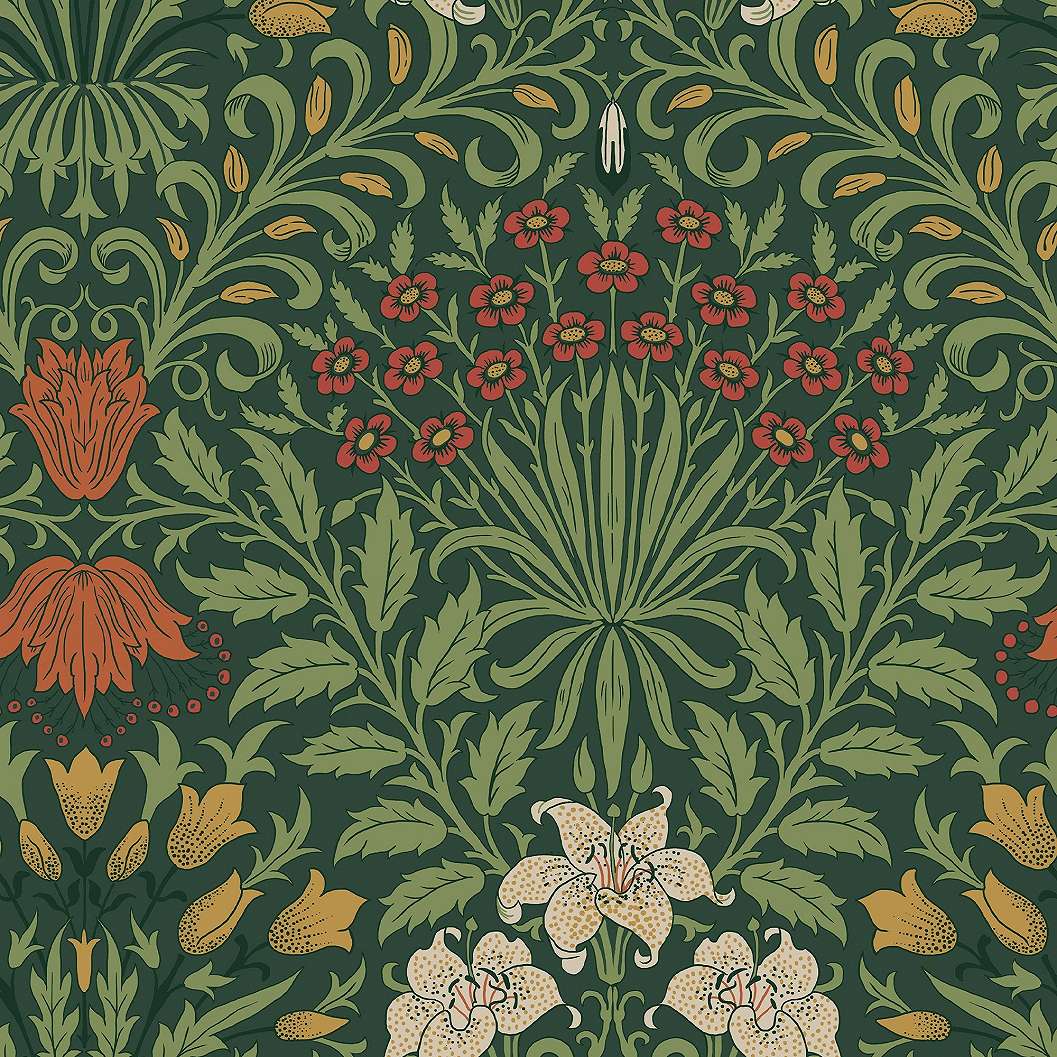 William Morris dekor tapéta zöld levél alapon színes virág mintával