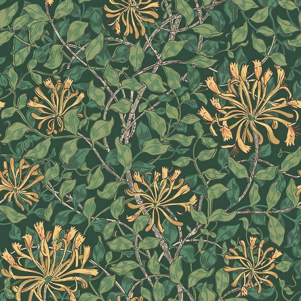 William Morris dekor tapéta zöld levél narancssárga lonc virág mintával