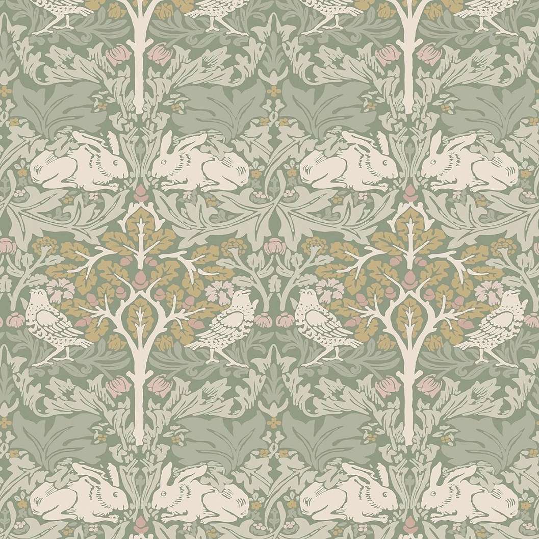 William Morris dekor tapéta zsályazöld fa és nyúl mintával