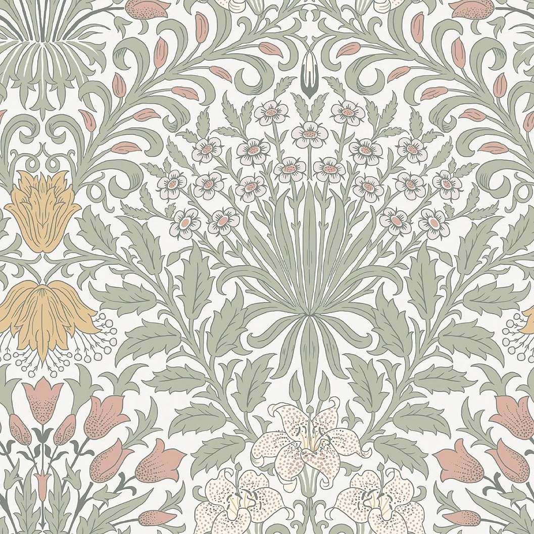 William Morris dekor tapéta zsályazöld levél alapon színes virág mintával