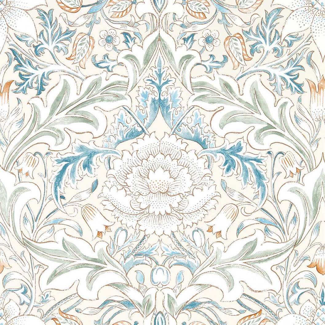 William Morris design tapéta kék fehér romantikus virágos mintával