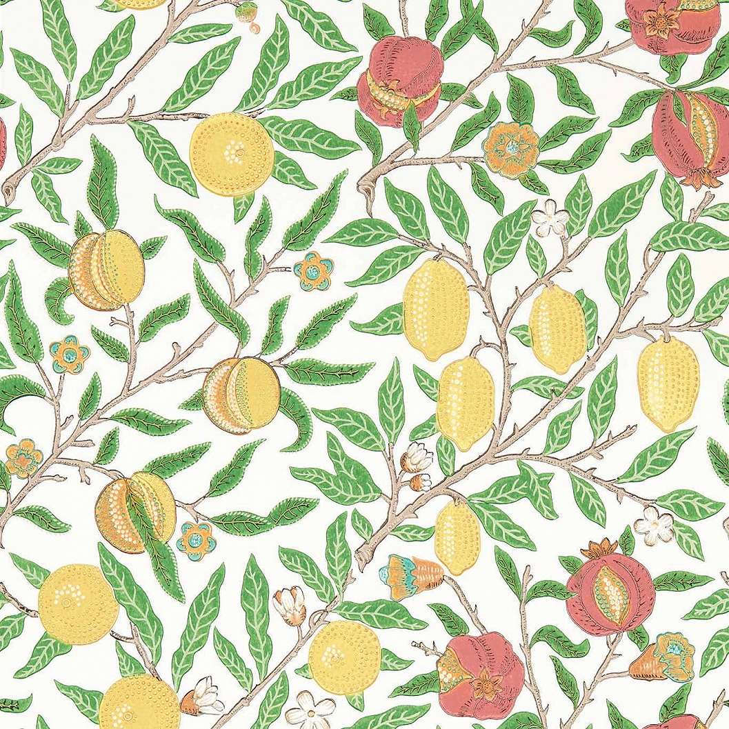 William Morris design tapéta színes virág és gyümölcs mintákkal