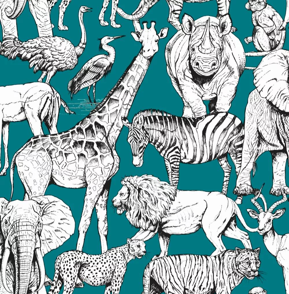 Zöld afrikai állat mintás gyerektapéta, orrszarvú, zebra, elefánt, zsiráf mintával