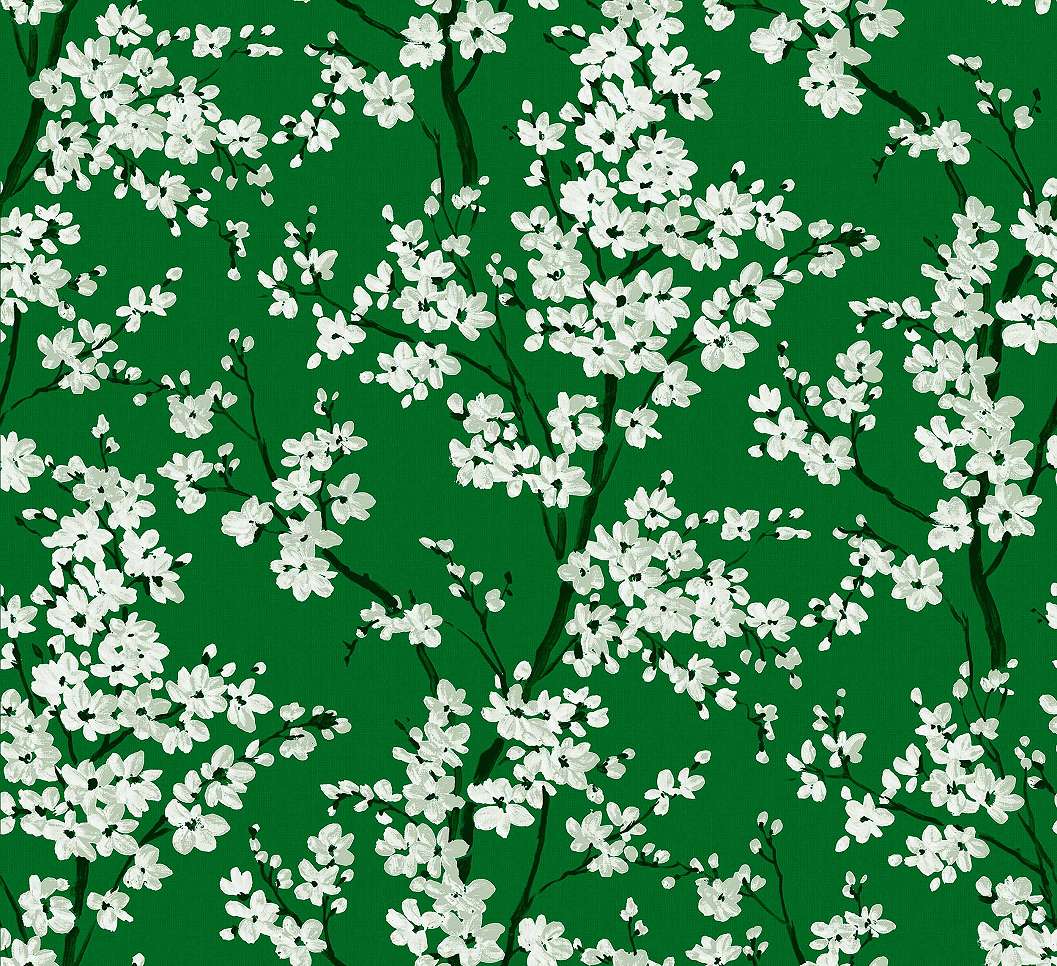 Zöld cseresznyevirágmintás dekor tapéta