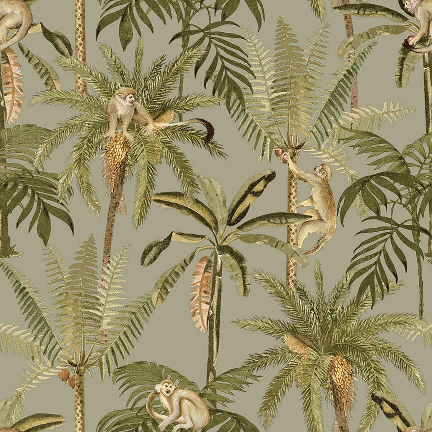 Zöld dekor tapéta majom pálmafa mintával
