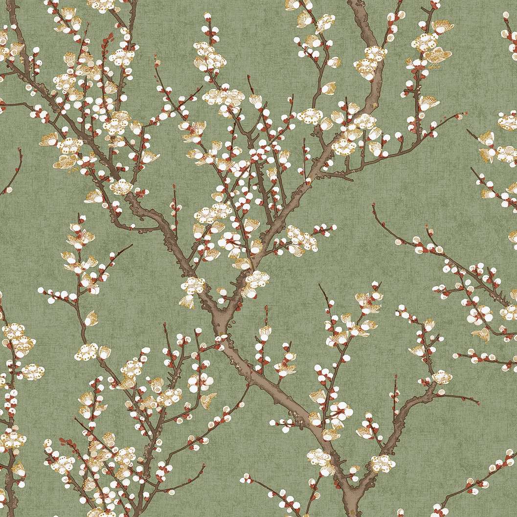 Zöld dekor tapéta skaura cseresznyefa virág mintával