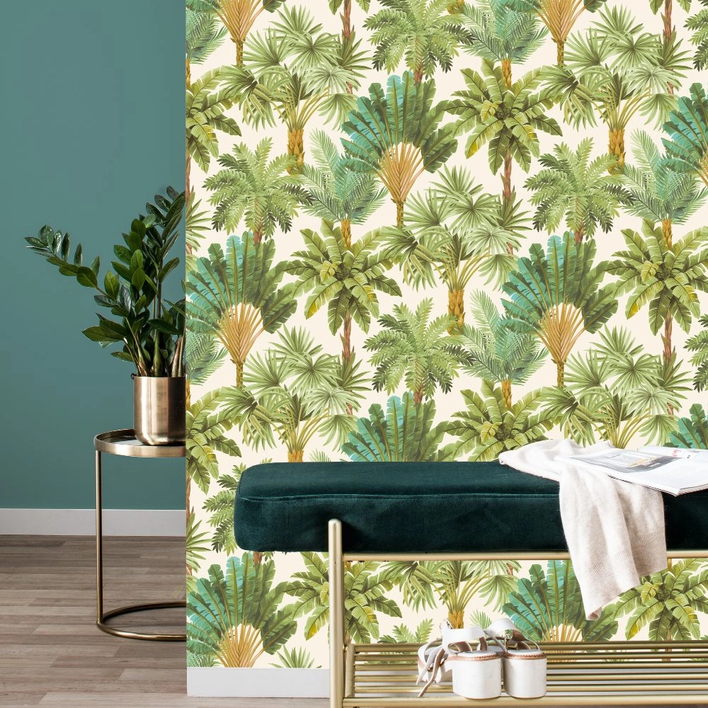 Zöld dekor tapéta trópusi pálmafa mintákkal