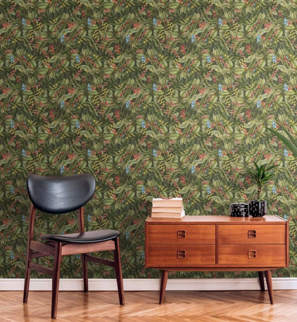 Zöld design tapéta trópusi levél botanikus mintával vinyl mosható