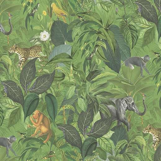 Zöld dzsungel és egzotikus állat mintás vlies design tapéta