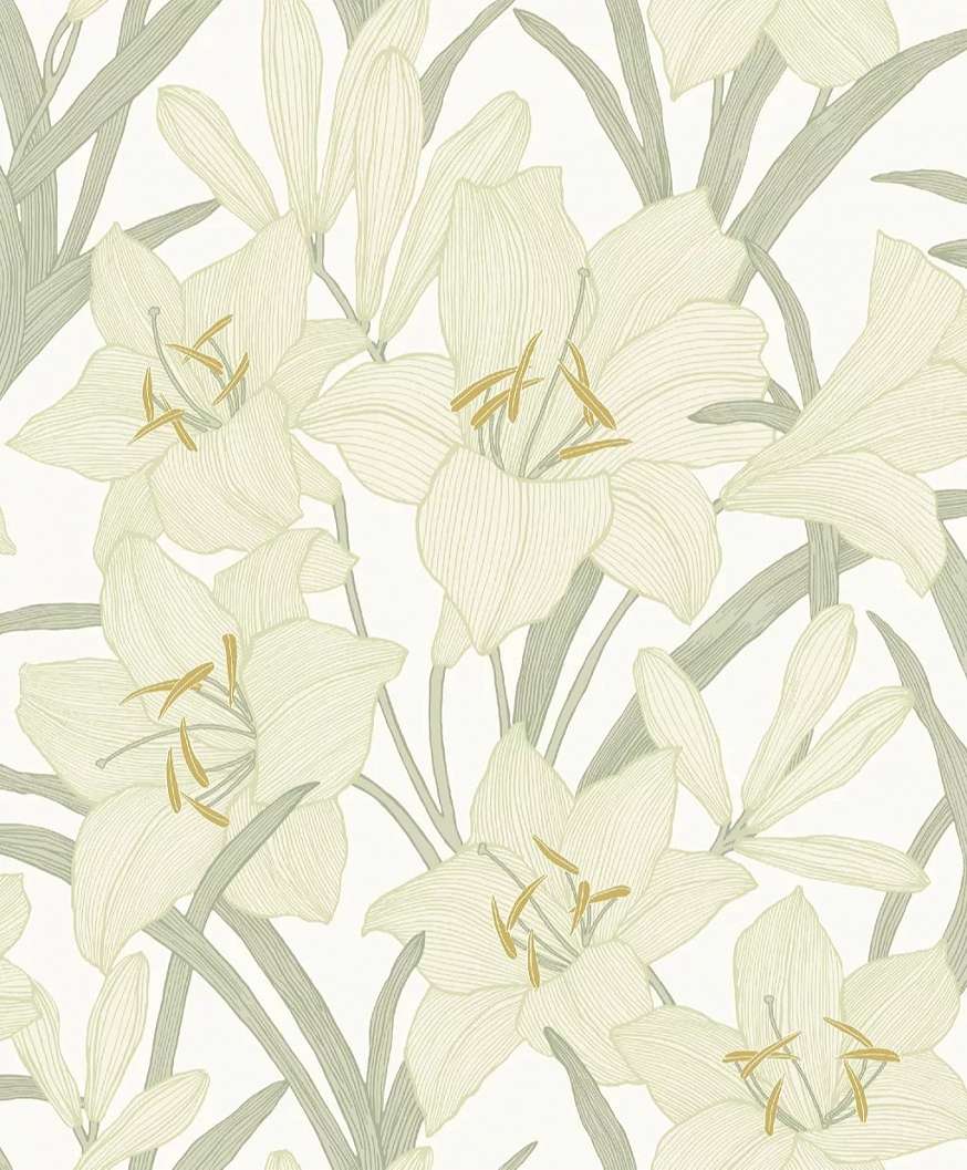 Zöld és krém romantikus liliom mintás design tapéta