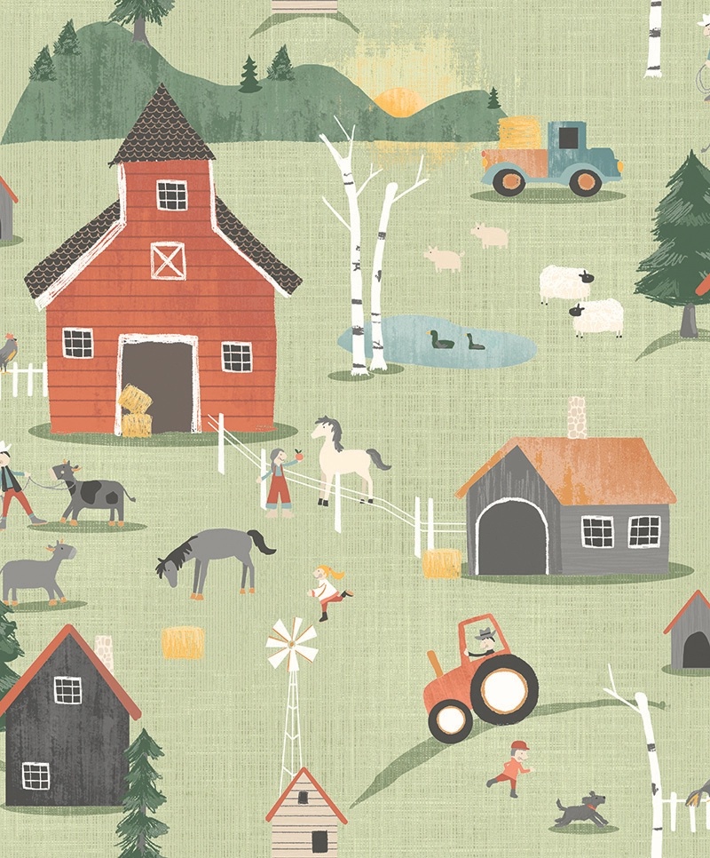 Zöld farm és állat mintás gyerektapéta traktor mintával