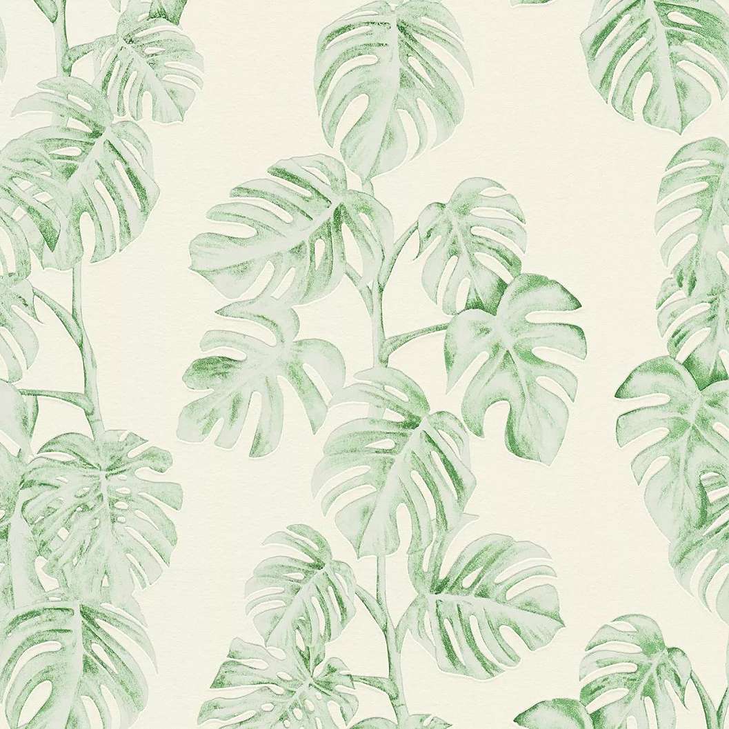 Zöld-fehér habosított felületű trópusi pálmalevél mintás tapéta