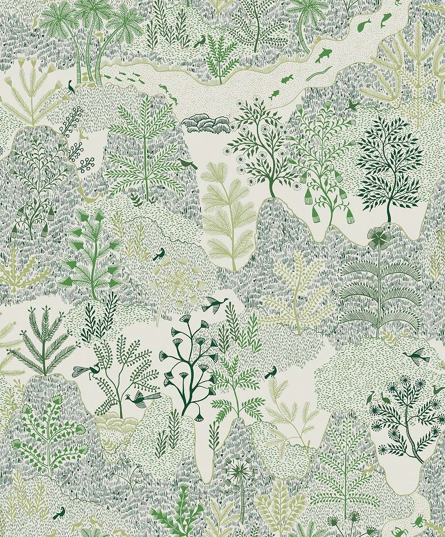 Zöld fehér trópusi botanikus mintás vlies design tapéta