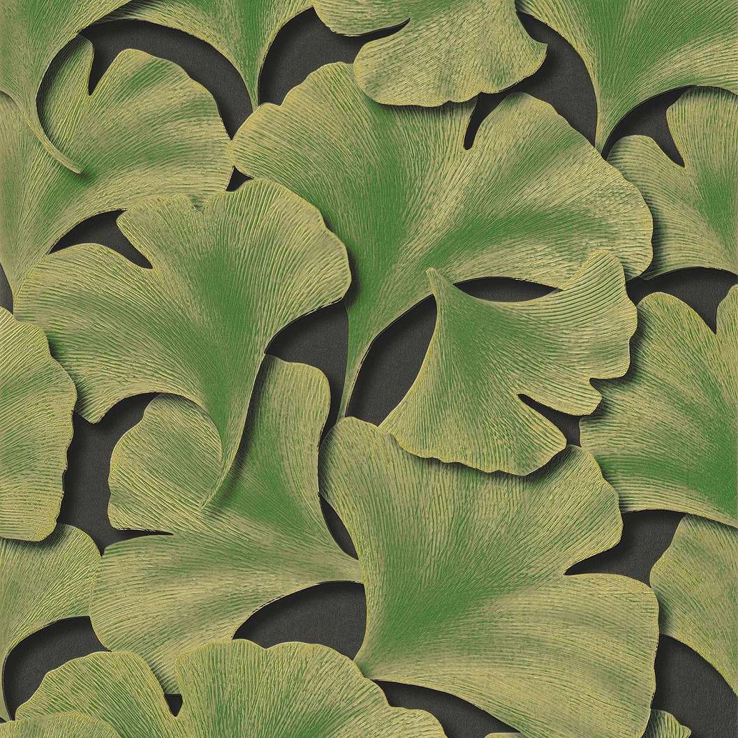 Zöld fekete ginkgo mintás vlies design tapéta