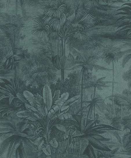 Zöld fényes metál felületű trópusi dzsungel mintás vlies tapéta