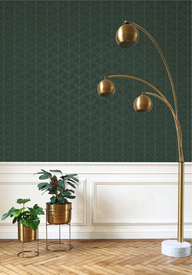 Zöld francia art deco design tapéta levél mintával metálos hatással