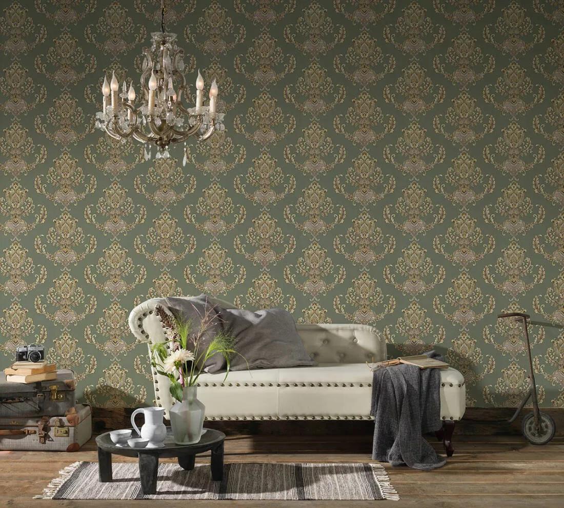 Zöld klasszikus barokk mintás vlies design tapéta
