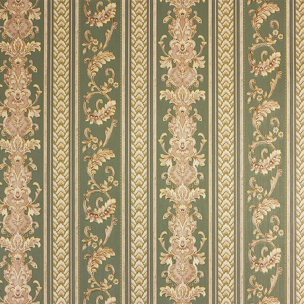 Zöld klasszikus dekor tapéta csíkozott barokk mintával